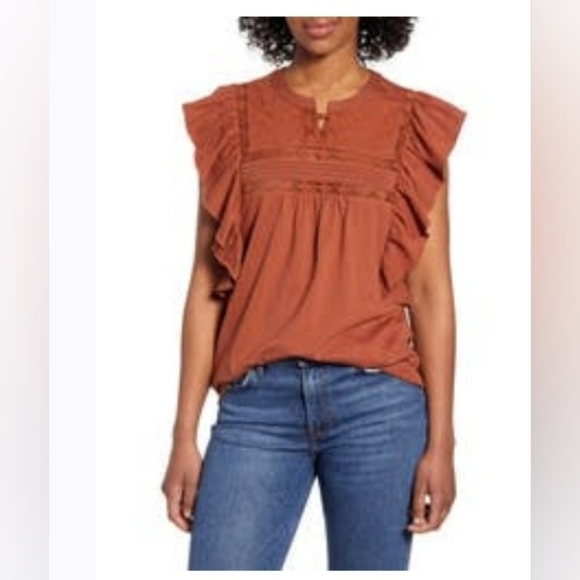 Caslon Embroidered Yoke Lace Trim Ruffle Tank | Size L | Rust Seqouia - Picture 5 of 5